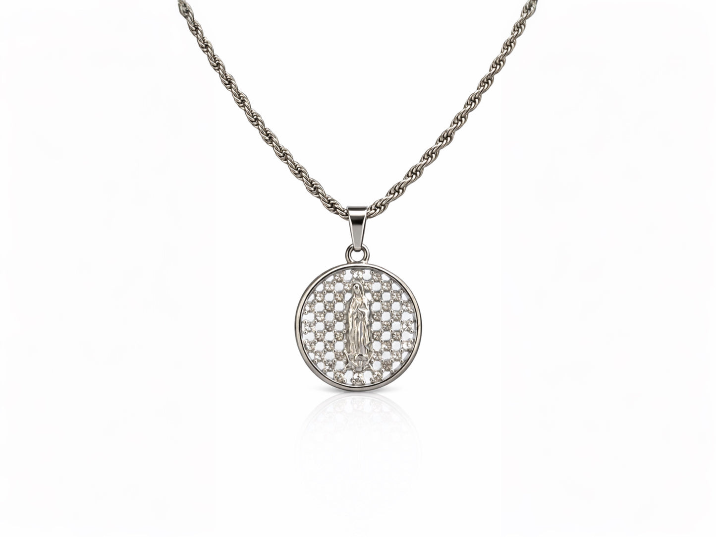 MEDALLA MARIA DIAMANTÉ IMPERIAL SILVER | CADENA + DIJE Acero 316L Inoxidable