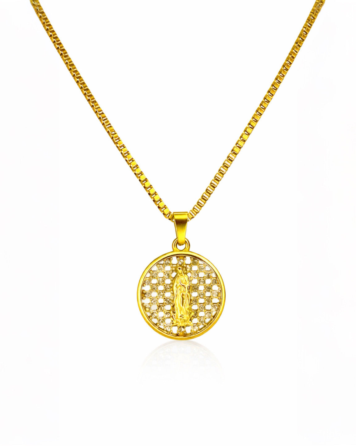 MEDALLA MARÍA DIAMANTÉ IMPERIAL GOLD | CADENA + DIJE Acero 316L Inoxidable