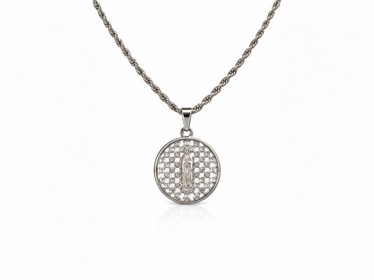 MEDALLA MARIA DIAMANTÉ IMPERIAL SILVER | CADENA + DIJE Acero 316L Inoxidable