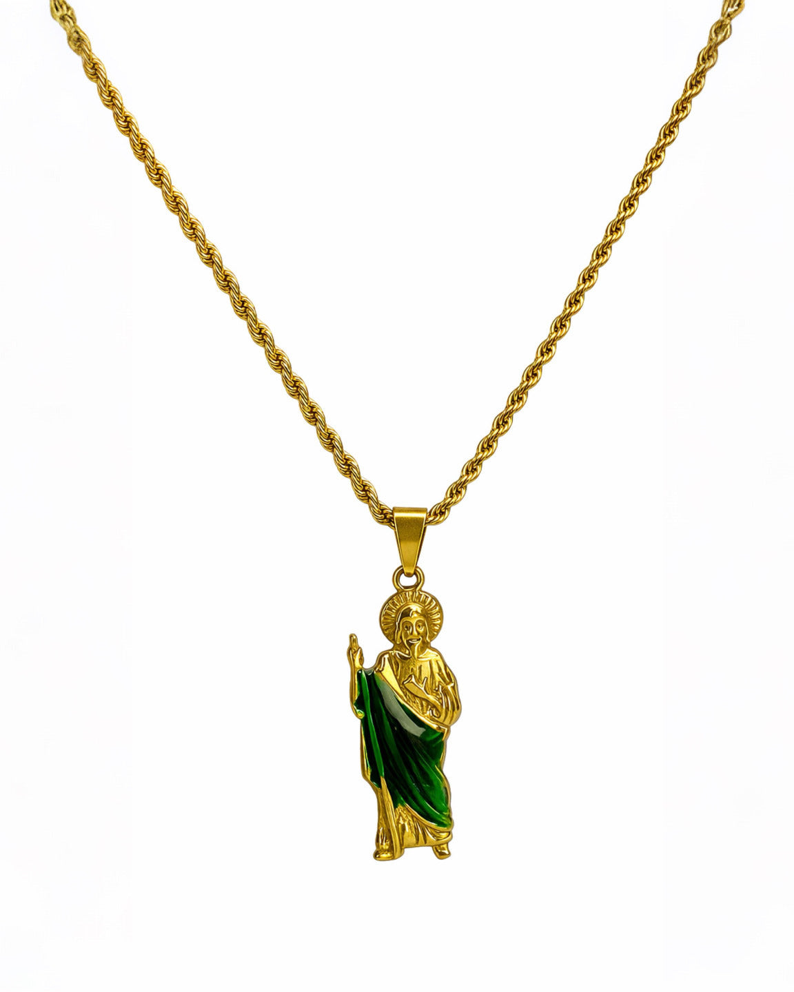 SANTO GUARDIÁN EMERALD GOLD | CADENA + DIJE Acero 316L Inoxidable