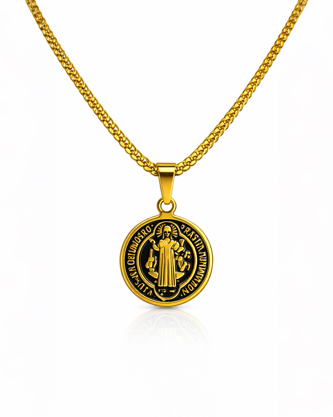 MEDALLA SAN BENITO SACRUM GOLD| CADENA + DIJE Acero 316L Inoxidable