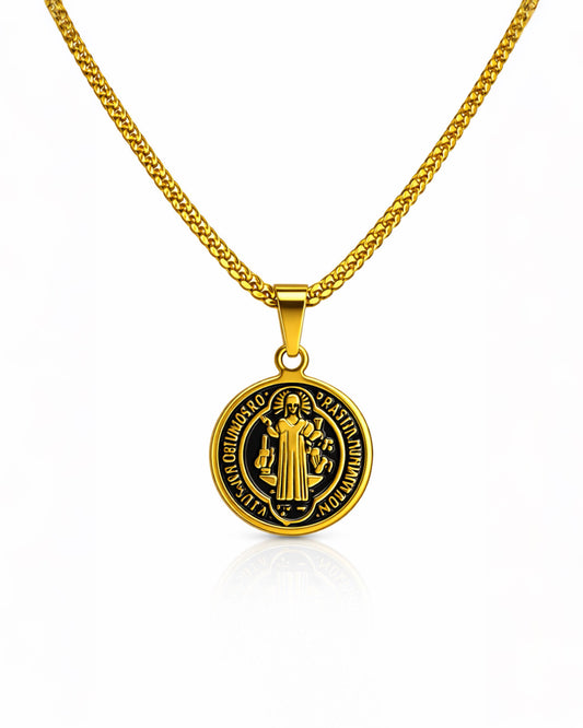 MEDALLA SAN BENITO SACRUM GOLD| CADENA + DIJE Acero 316L Inoxidable