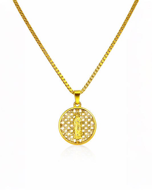 MEDALLA MARÍA DIAMANTÉ IMPERIAL GOLD | CADENA + DIJE Acero 316L Inoxidable